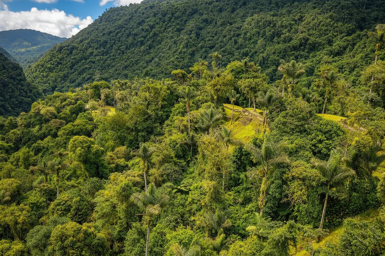 Panoramic view of Ciudad Perdida's circular stone terraces amidst dense jungle