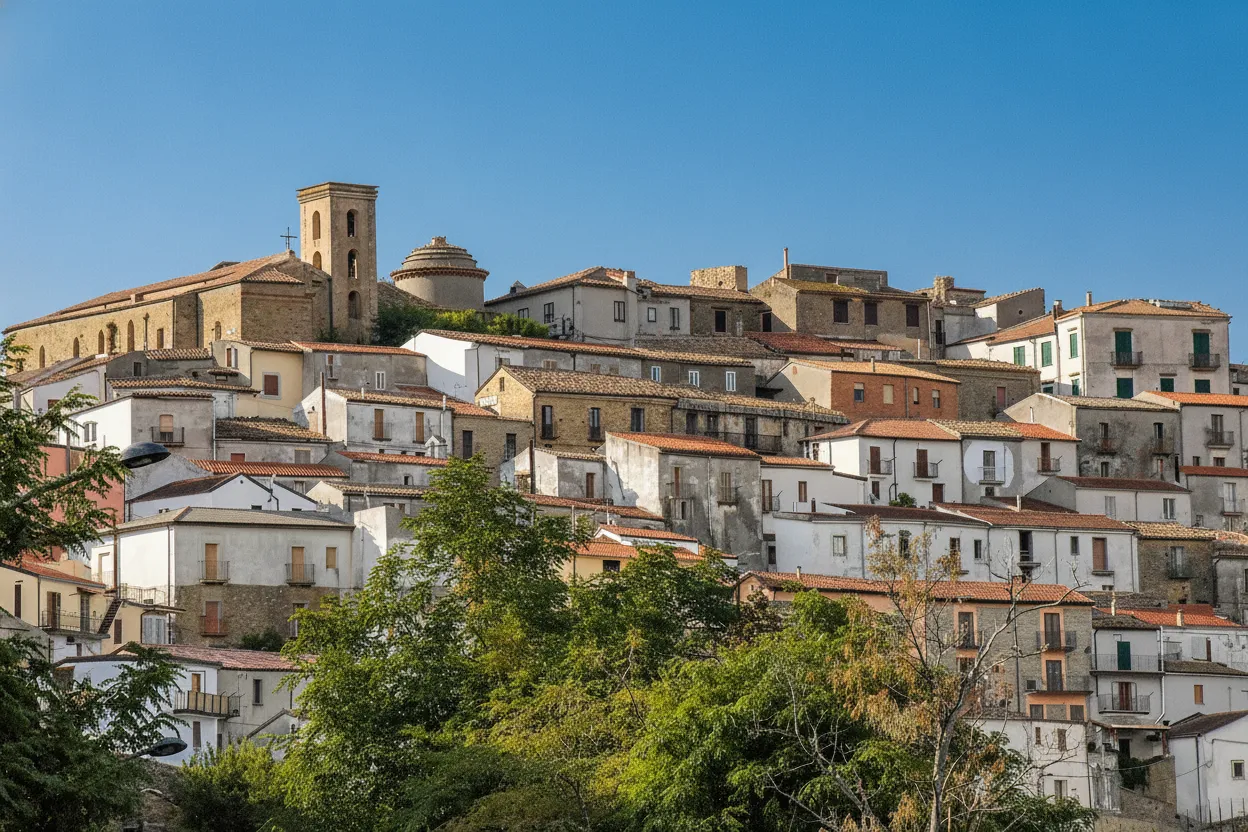 Panoramic view of Colobraro, a medieval village perched on a hill in Basilicata, Italy, with ancient stone houses and winding streets.