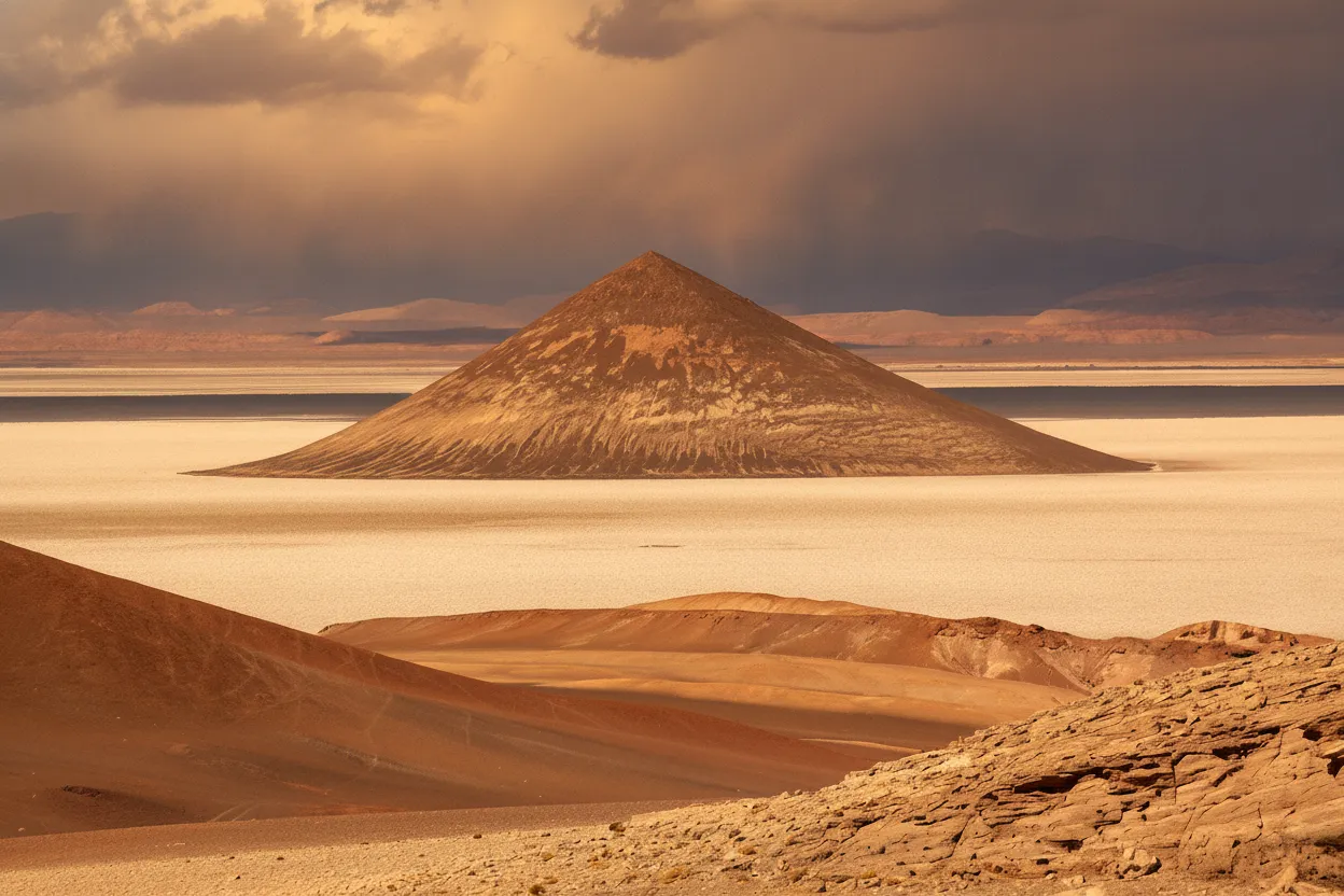 A perfectly conical dark pyramid rises abruptly from an endless, blinding white salt flat, looking like a cosmic landing pad dropped into the middle of nowhere.