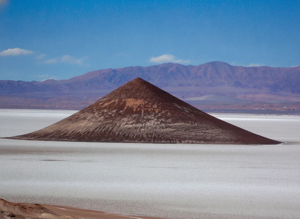 Cono de Arita, a perfectly conical dark pyramid rising from a vast white salt flat in Salta, Argentina