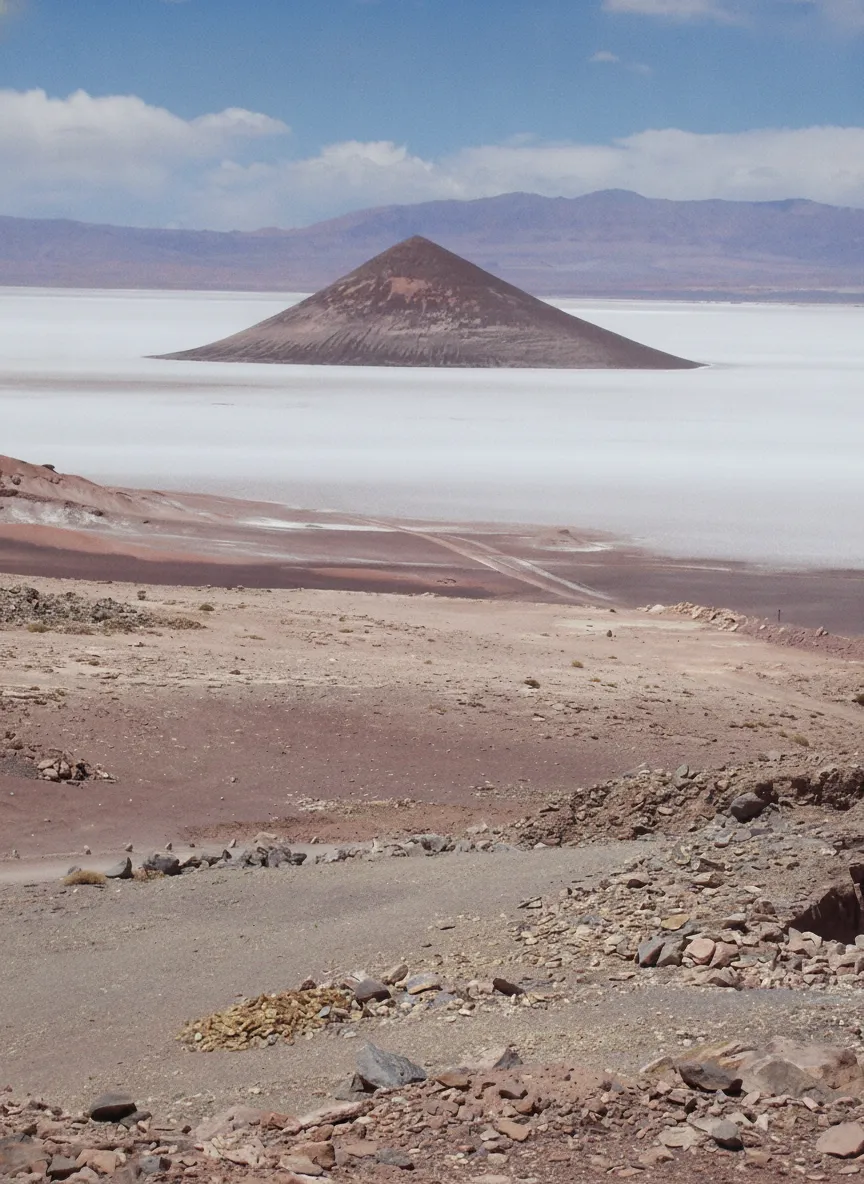 A 4x4 vehicle driving on a remote track through the high-altitude Puna de Atacama, with mountains in the distance
