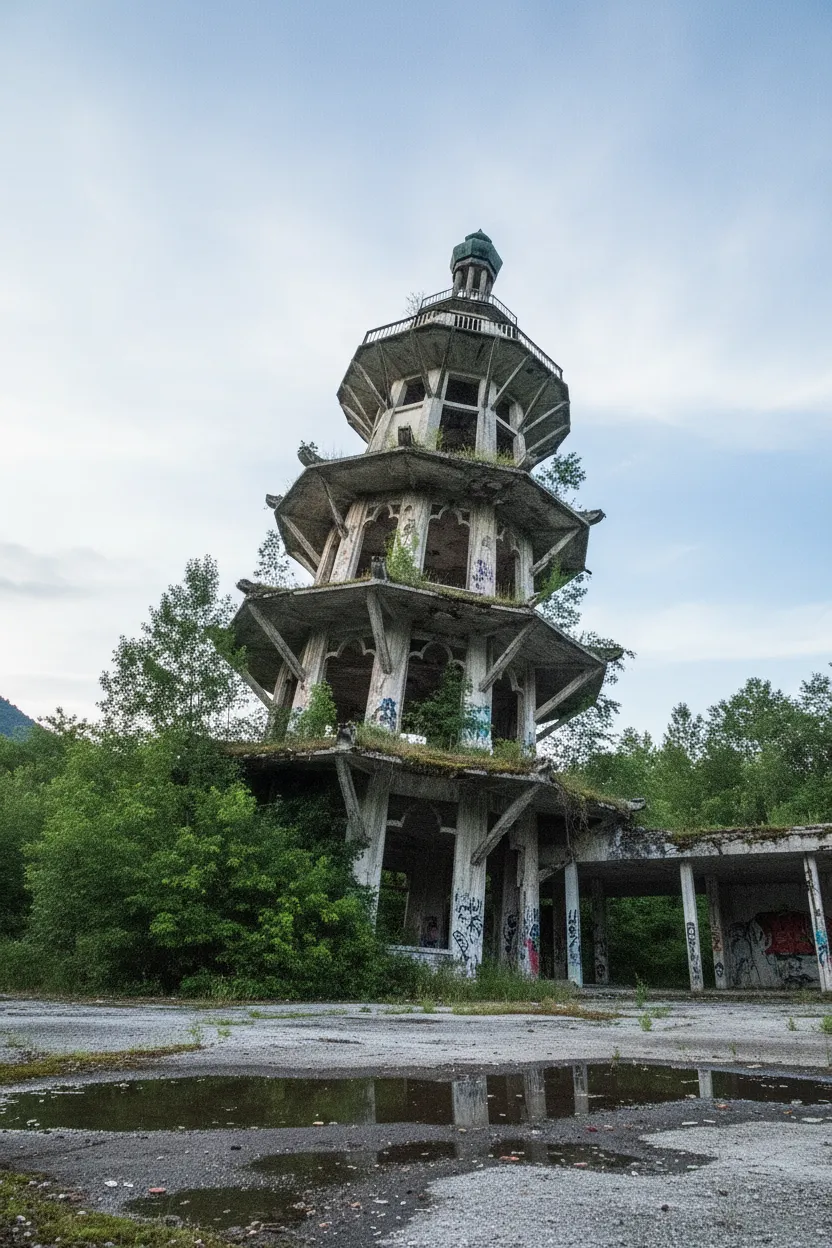 Overgrown pagoda and crumbling structures in Consonno, Italy, a surreal ghost town.