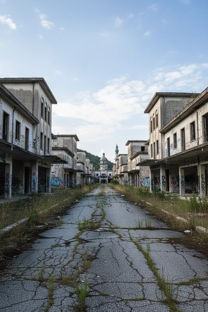 Graffiti-covered walls of an abandoned hotel in Consonno, with nature reclaiming the structures.