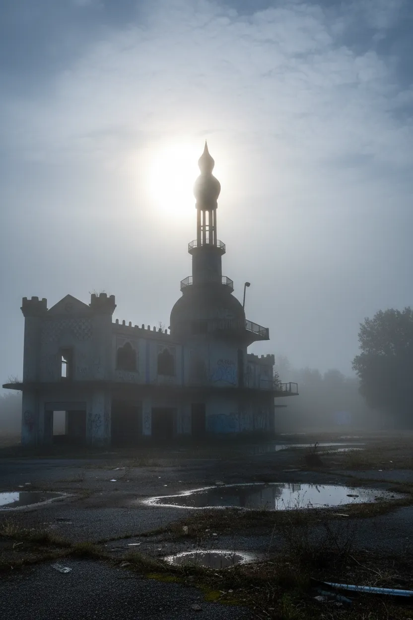 Panoramic view of Consonno's abandoned structures under a dramatic sky, showing the pagoda and mock castle.