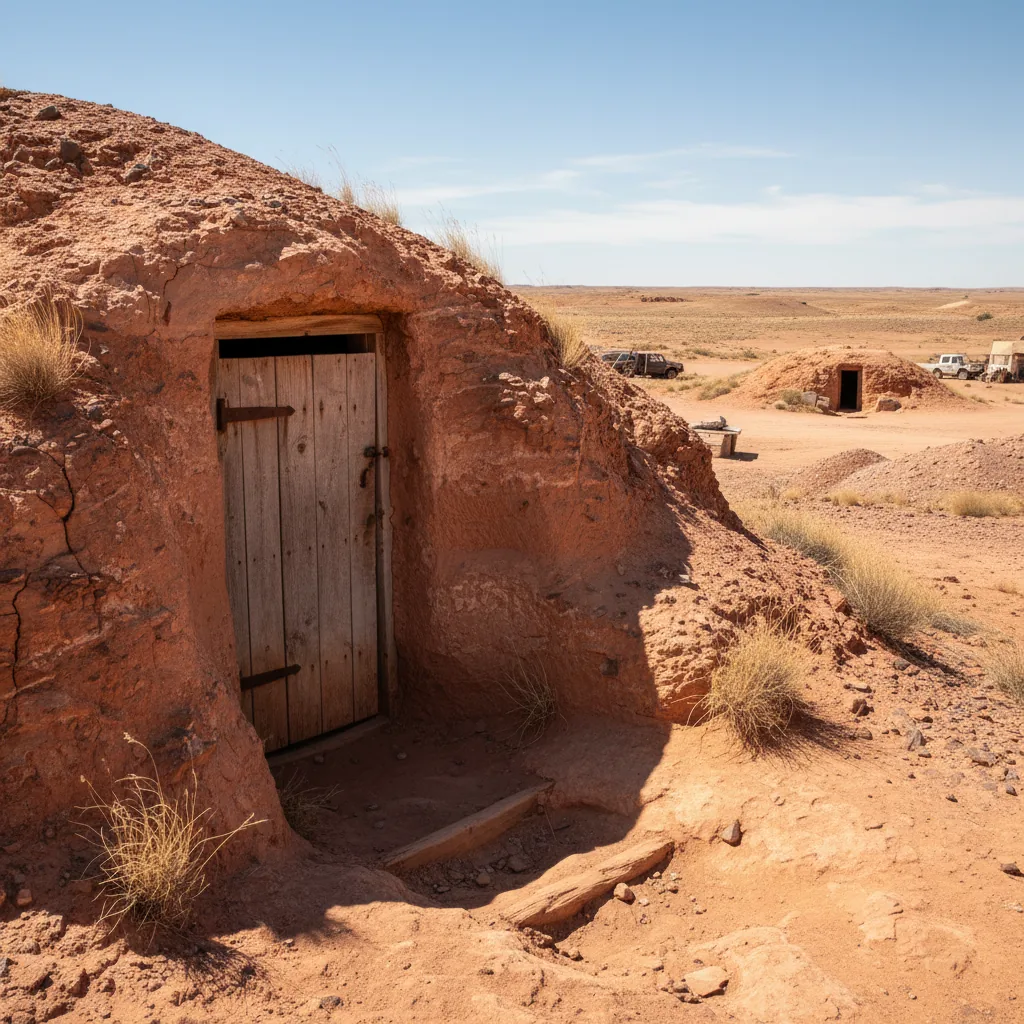 Interior of an underground home in Coober Pedy, showing carved sandstone walls and modern furnishings.