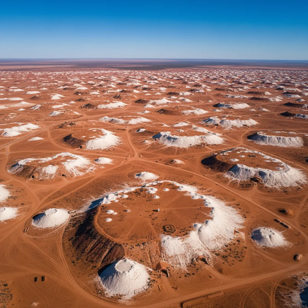 A panoramic view of Coober Pedy's unique landscape, showing numerous conical mullock heaps under a wide sky.