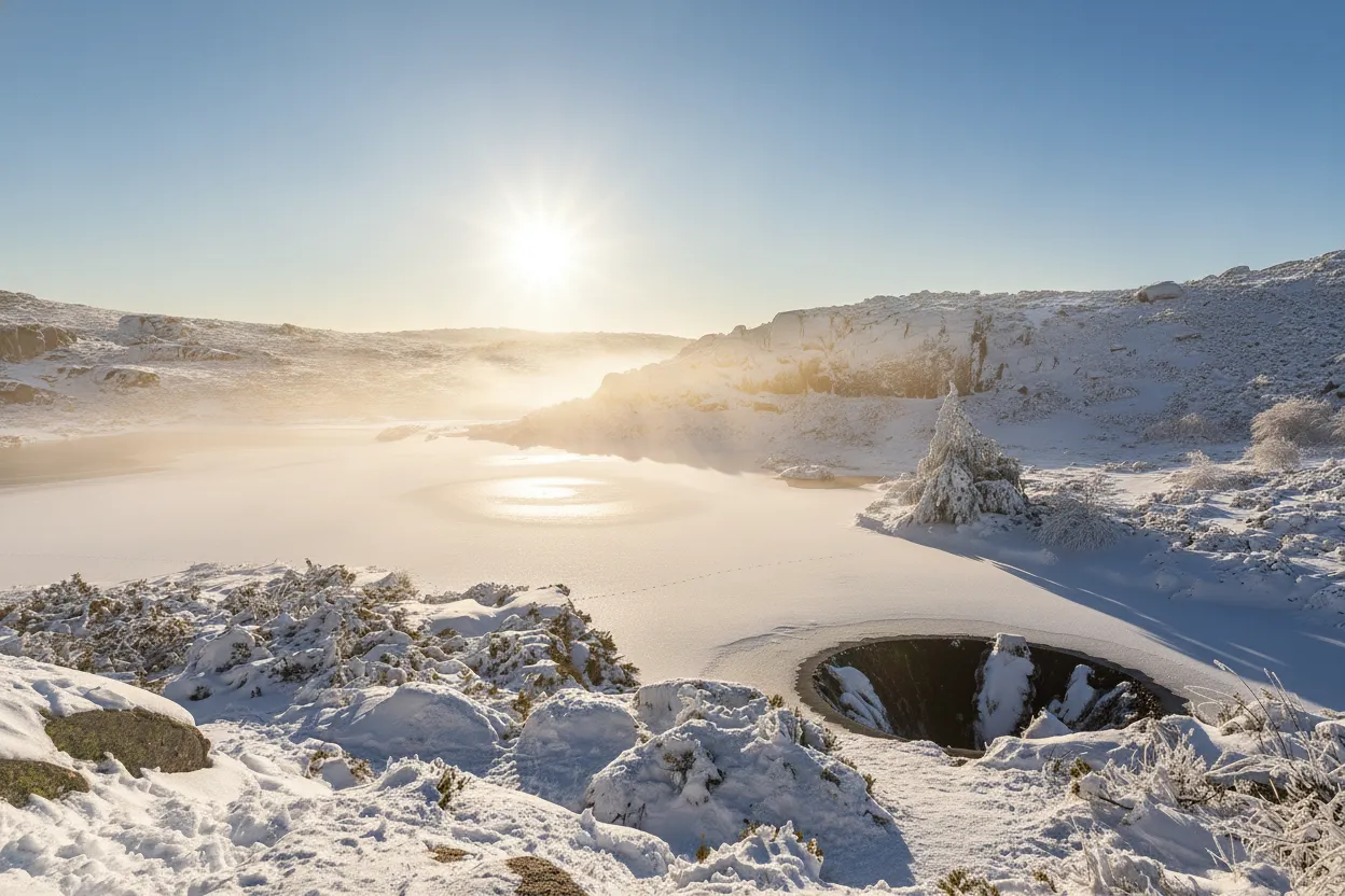 In the remote mountains of Portugal, a colossal, perfectly circular drain plunges into the depths of a tranquil lake, creating a mesmerizing, otherworldly portal.