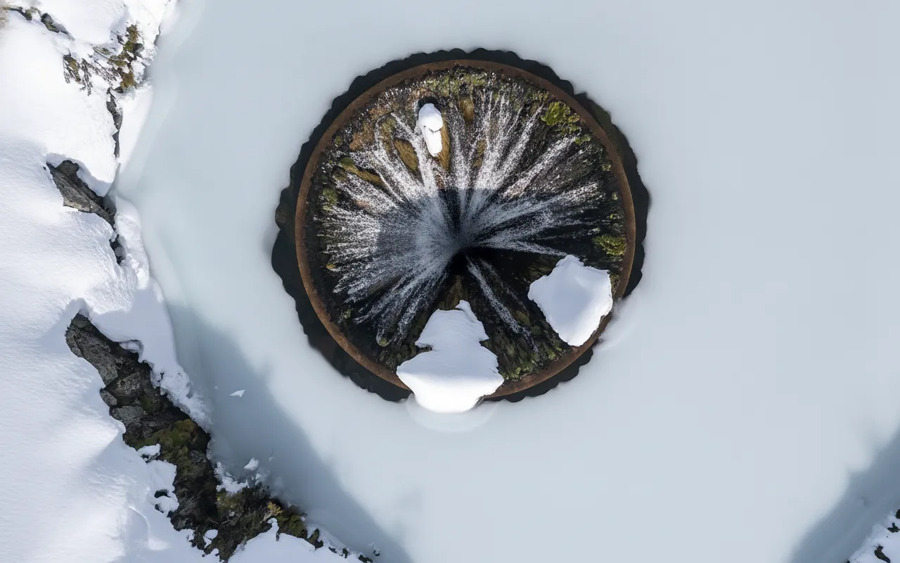 The circular 'glory hole' of Covão dos Conchos with water flowing into it, surrounded by the tranquil lake and distant mountains.