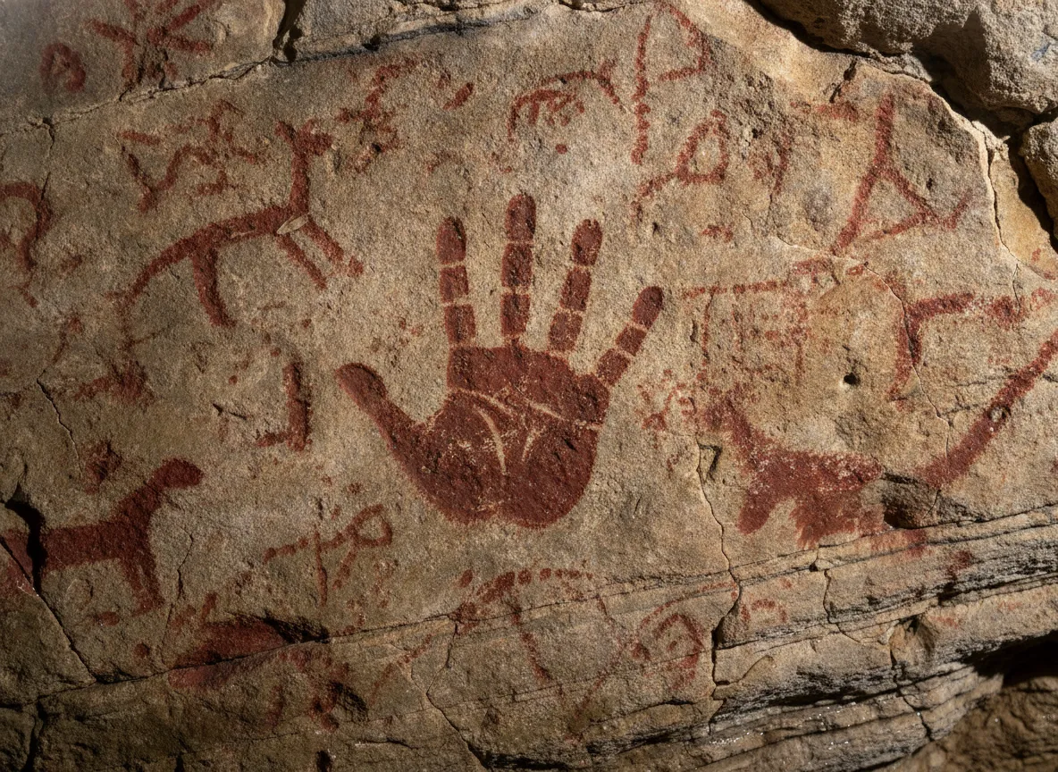 Ancient red pigment markings on a cave wall inside Cueva de Ardales, Spain, believed to be Neanderthal art.