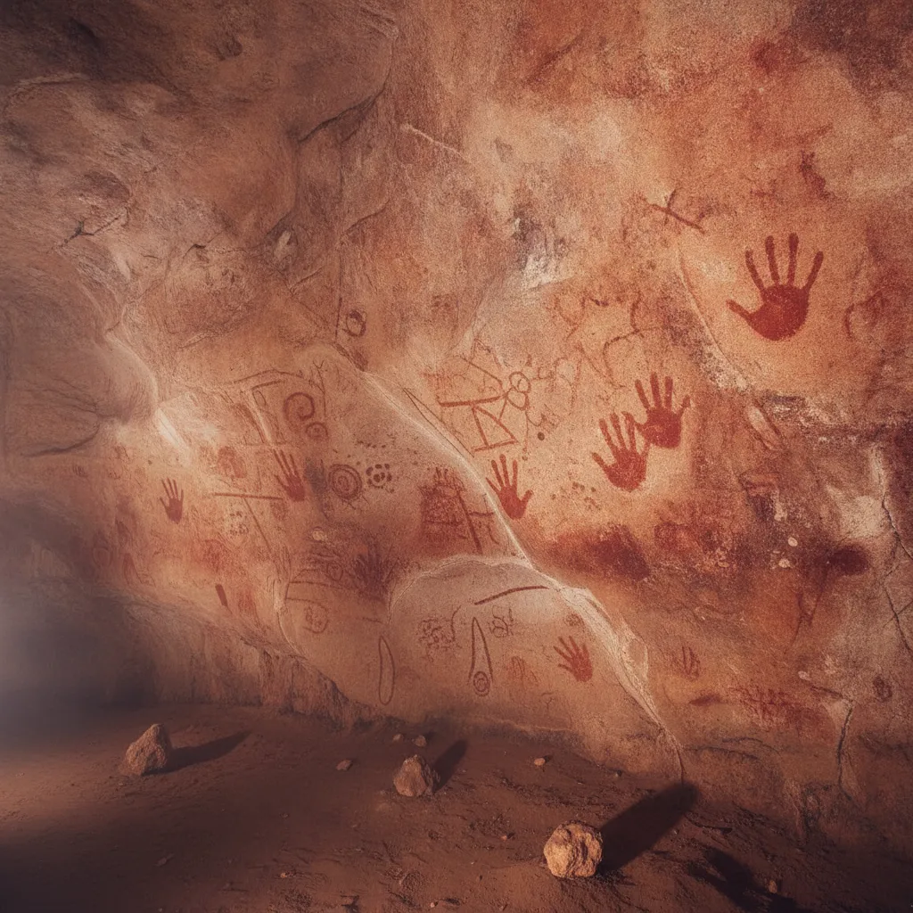 A person looking intently at ancient cave art on a dimly lit wall, conveying a sense of wonder and deep historical connection.