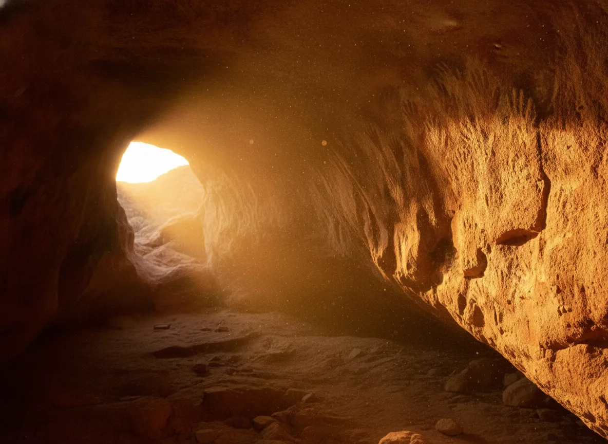 A prehistoric gallery where countless human hands, imprinted in ochre and minerals, emerge from the cave walls like ghostly greetings from millennia past.