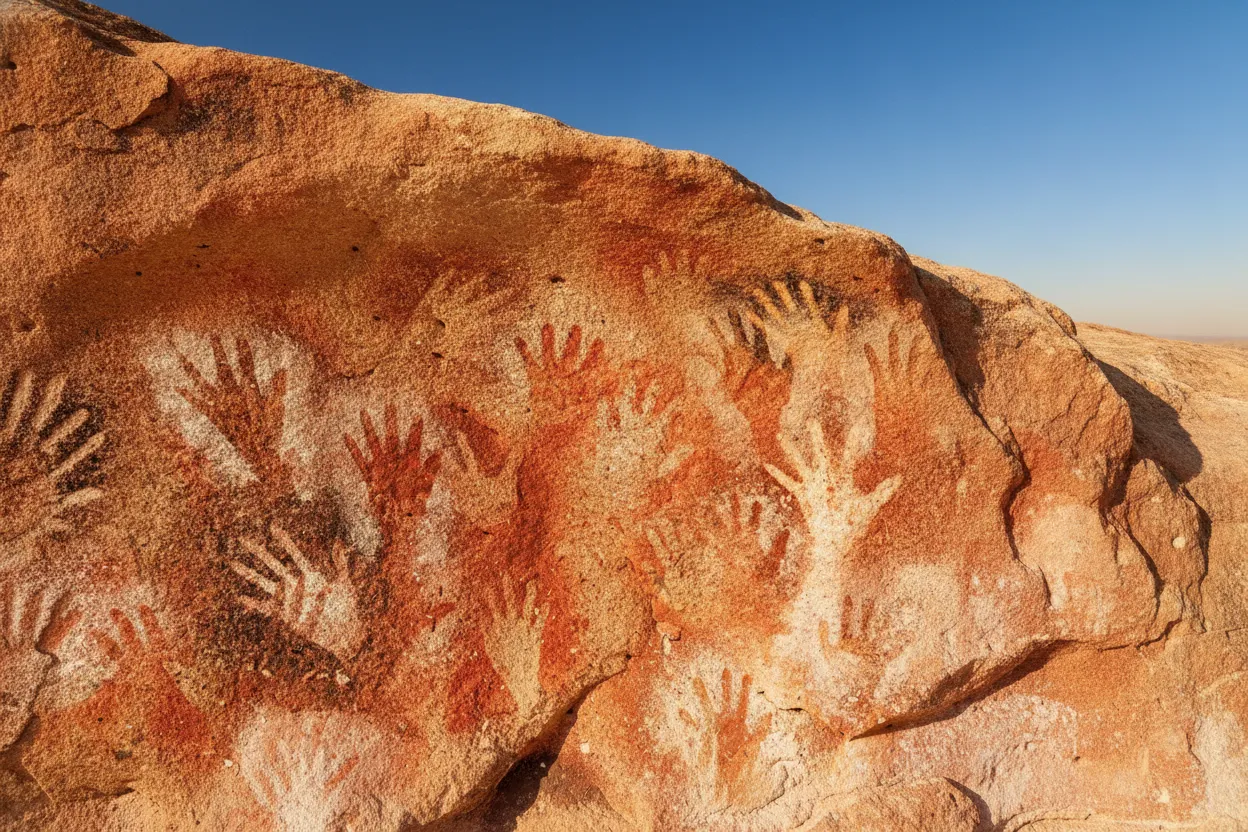 Hundreds of ancient red, white, and black hand stencils covering a rock wall inside Cueva de las Manos in Patagonia, Argentina.