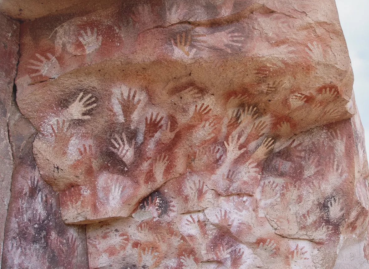 Close-up of a detailed hunting scene painted on the cave wall at Cueva de las Manos, showing guanacos and ancient hunters.