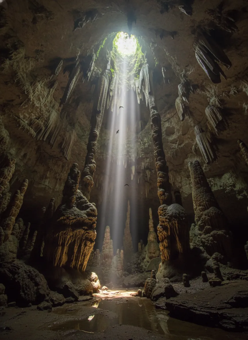 Massive, moss-covered vertical entrance to Cueva de los Tayos in the Ecuadorian Amazon, with a small figure rappelling down, emphasizing scale.