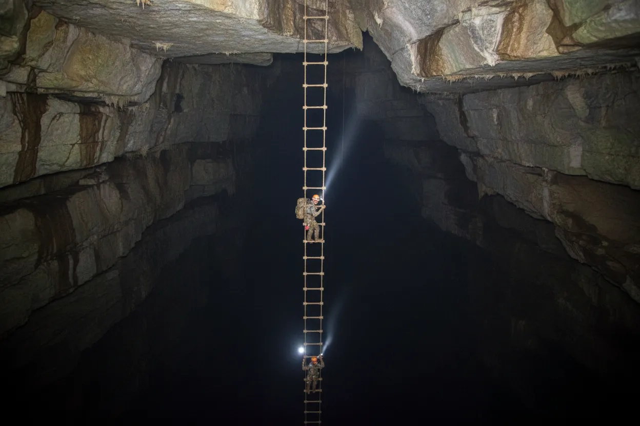 Explorer carefully navigating a narrow, water-filled passage deep within Cueva de los Tayos, headlamp illuminating the path.