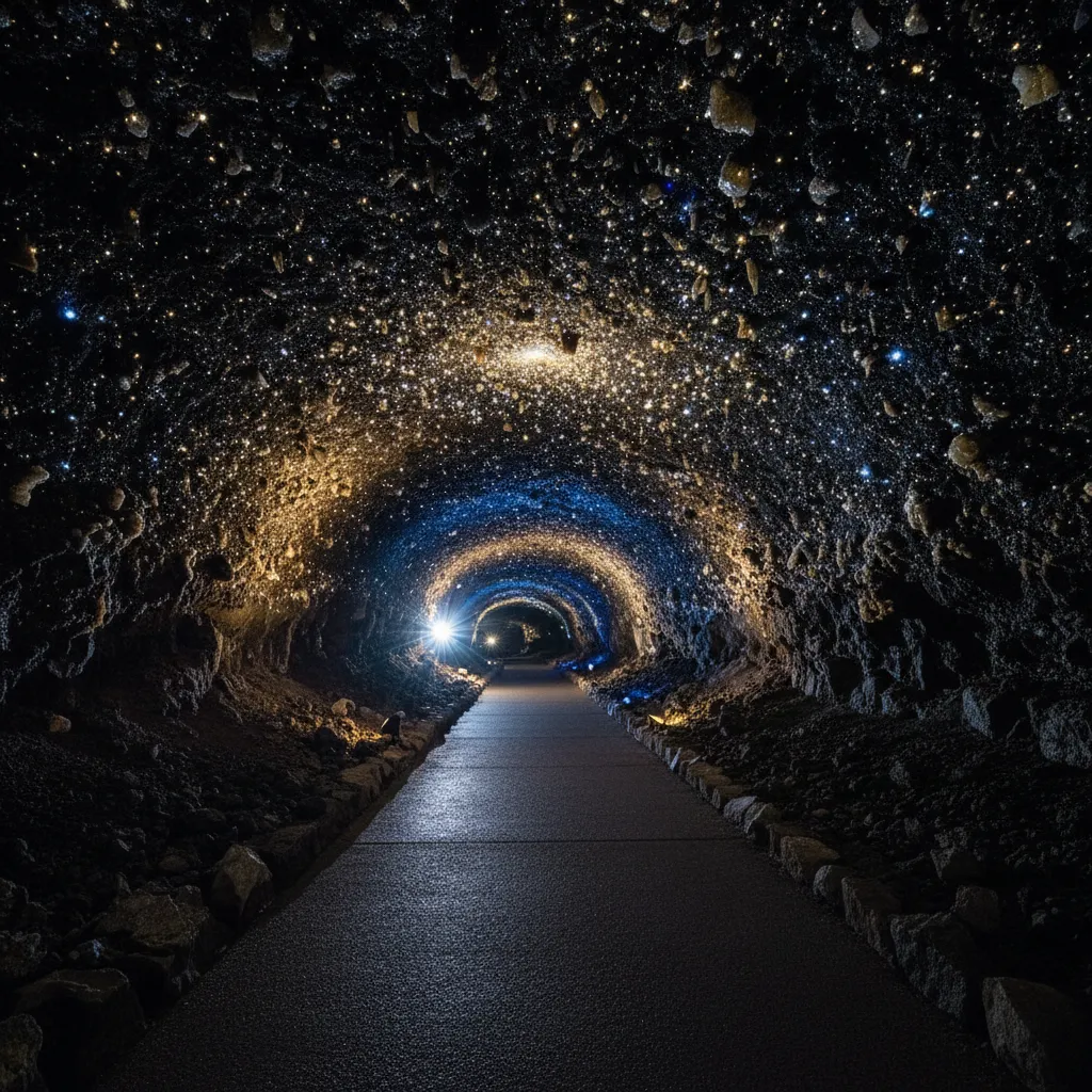Deep beneath a remote volcanic island, a hidden lava tube morphs into a subterranean galaxy, where countless specks of light glitter like stars across a midnight sky.