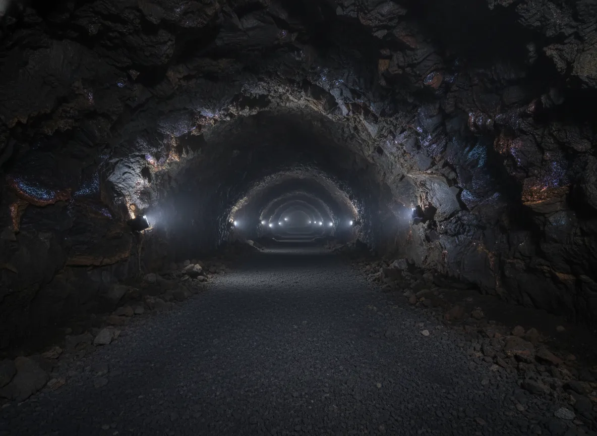 Inside Cueva del Indio, a vast lava tube chamber with intricate lava formations and a guide's headlamp illuminating sparkling mineral deposits on the ceiling.