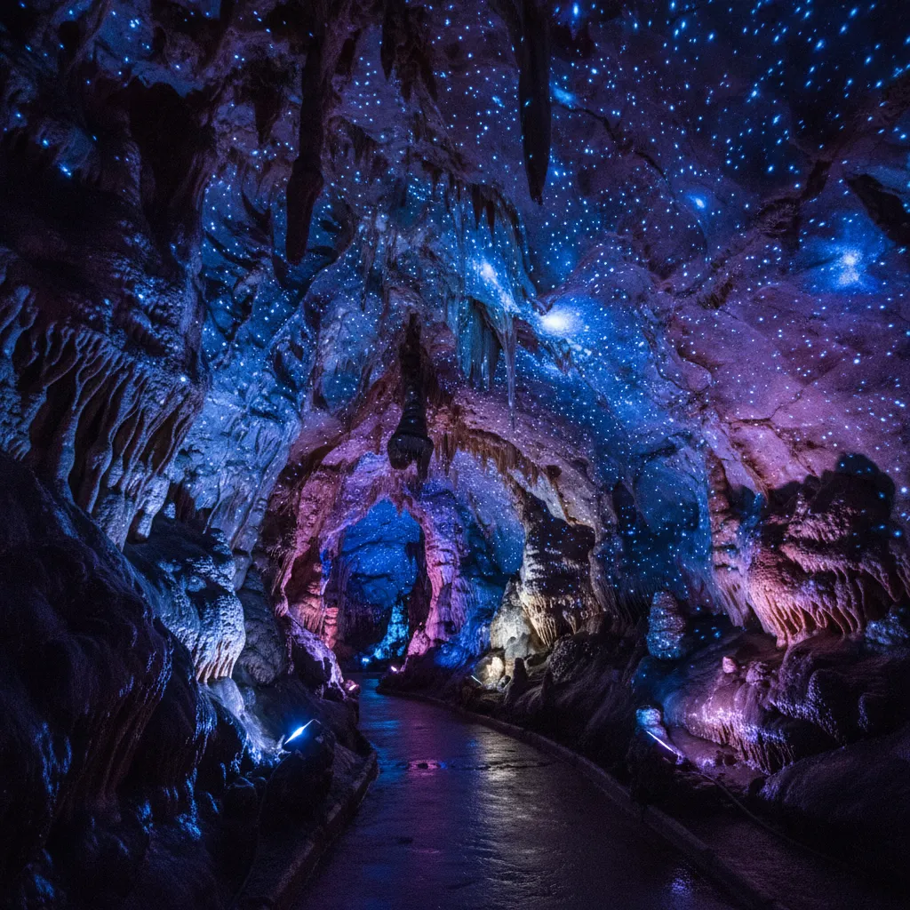 A small group of guided explorers, wearing helmets and headlamps, navigating a narrow passage within Cueva del Indio, showcasing the rugged rock formations.