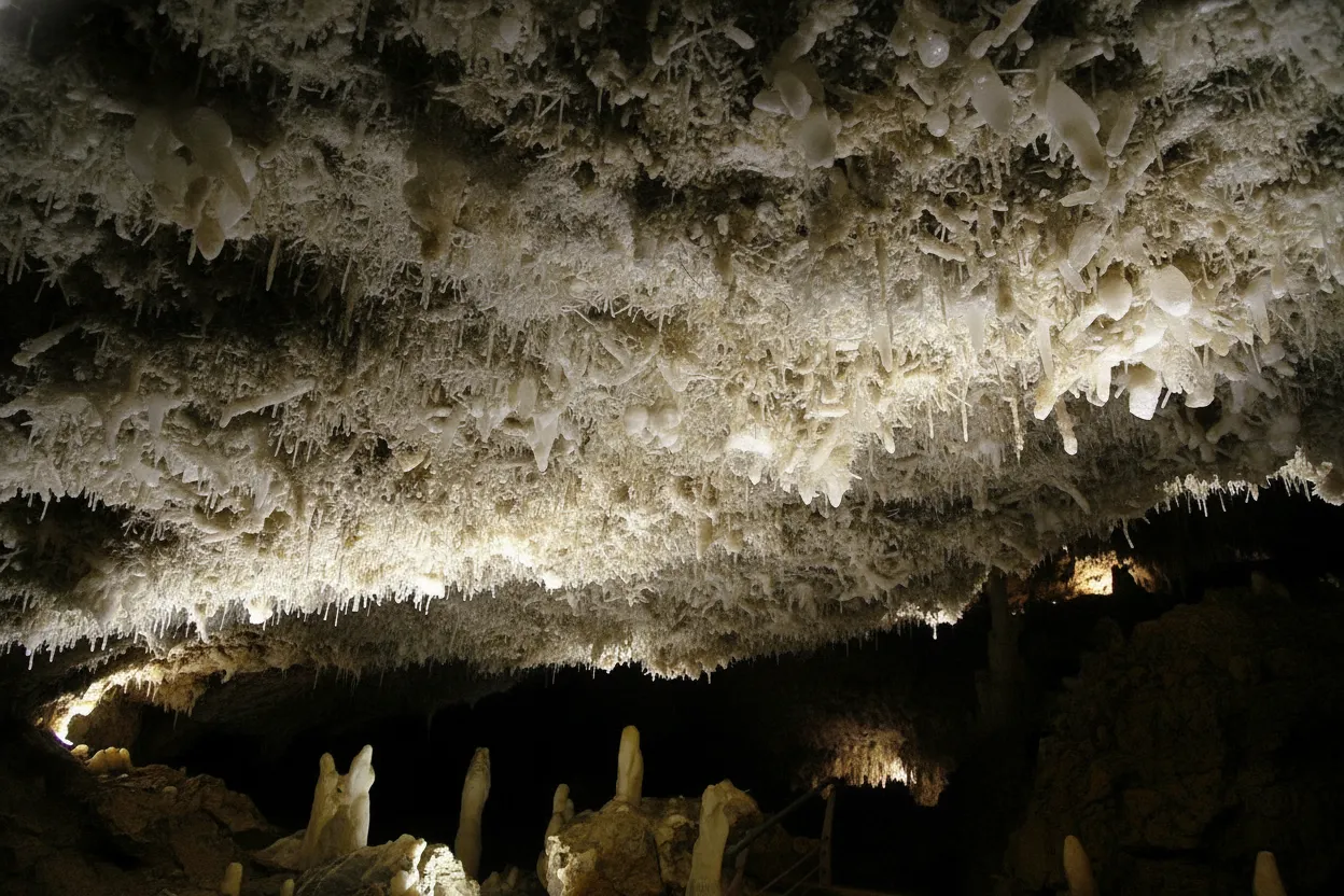 Close-up of delicate, gravity-defying eccentric formations in Cueva del Soplao, shimmering with calcite crystals.