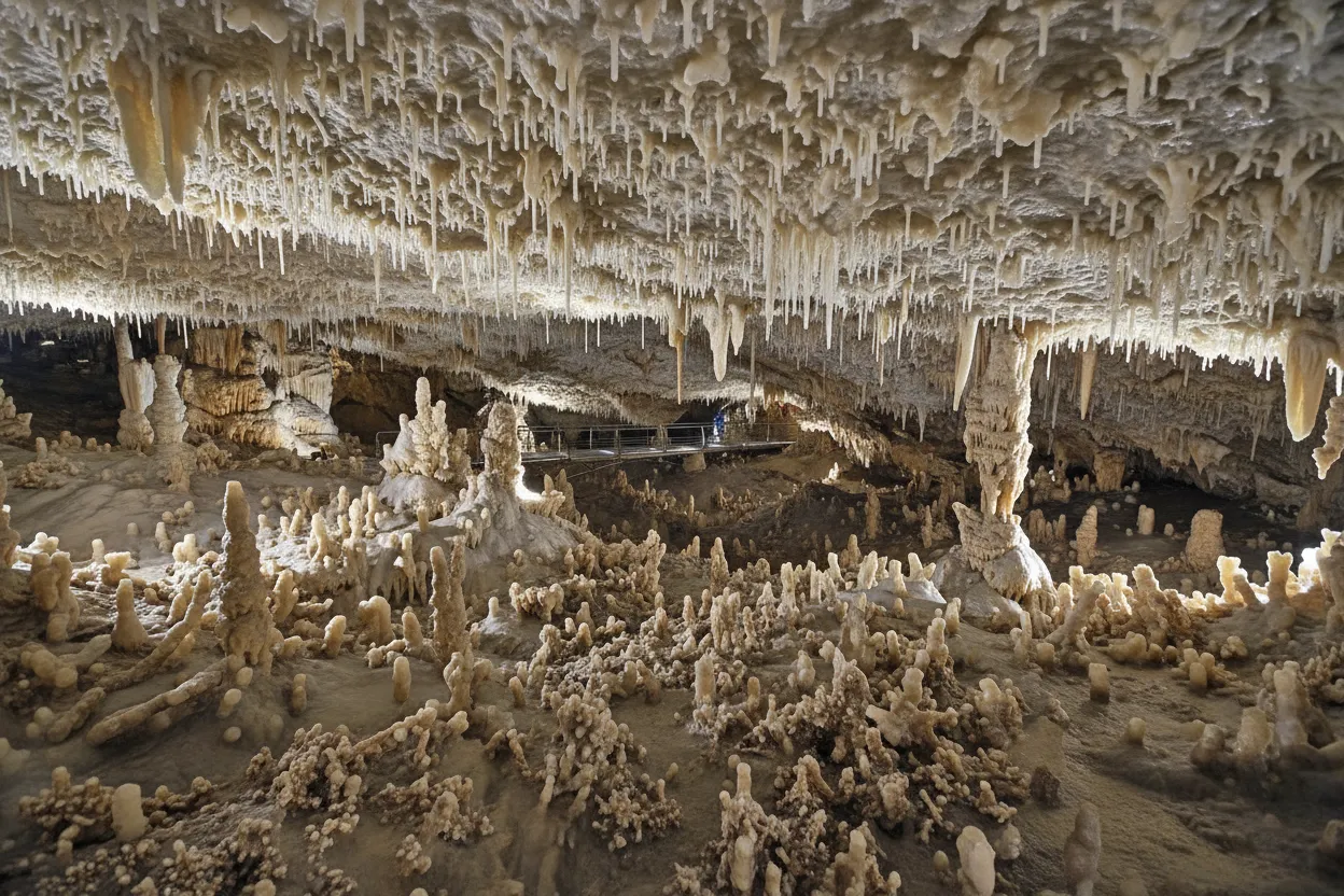 Panoramic view of a large chamber inside Cueva del Soplao, showing illuminated walkways and diverse cave formations.