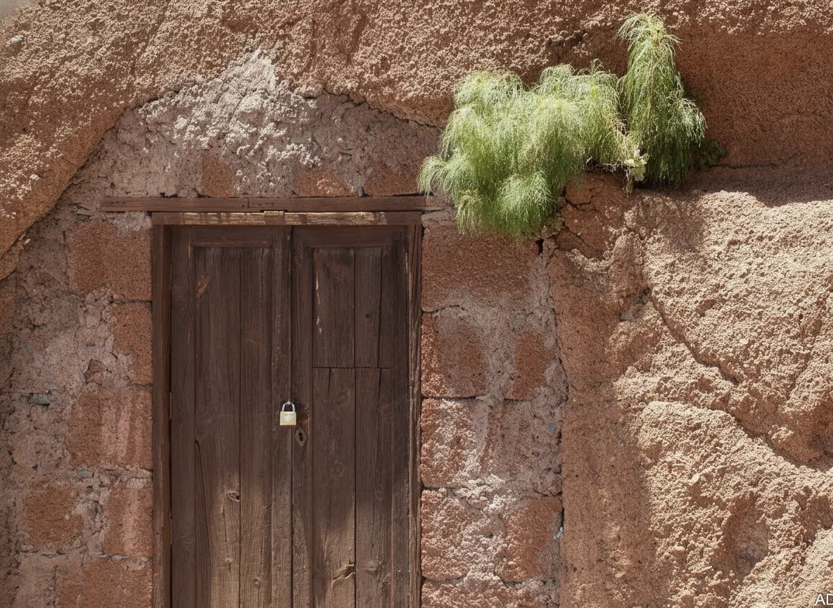 Close-up of a carved cave entrance, showing the texture of the red volcanic rock and a simple wooden door