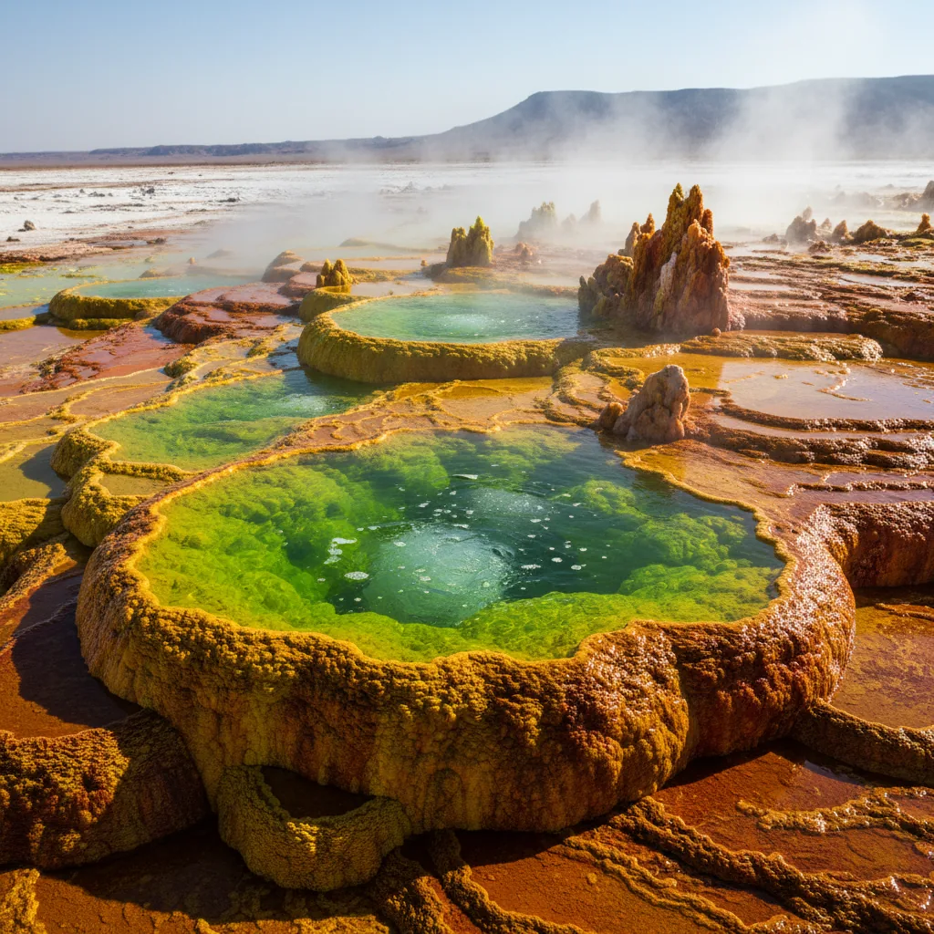 Vibrant, multi-colored mineral formations and acidic hot springs at Dallol in the Danakil Depression.