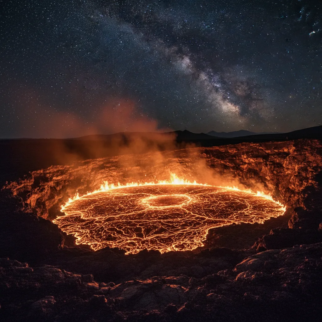 Glowing lava lake inside the caldera of Erta Ale volcano at night, with molten rock bubbling.