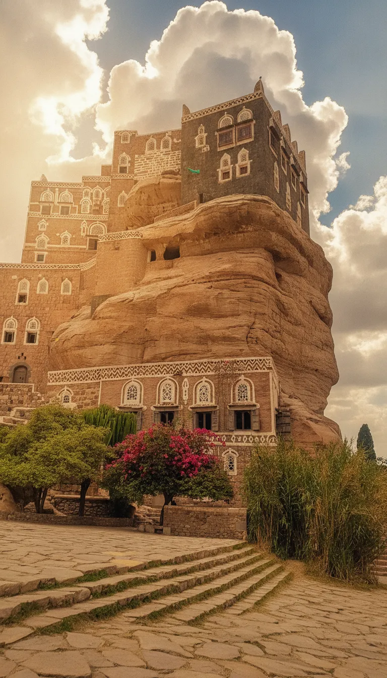 Imagine a majestic palace that seems to defy gravity, organically sprouting from a colossal rock pinnacle in the middle of a desert wadi.