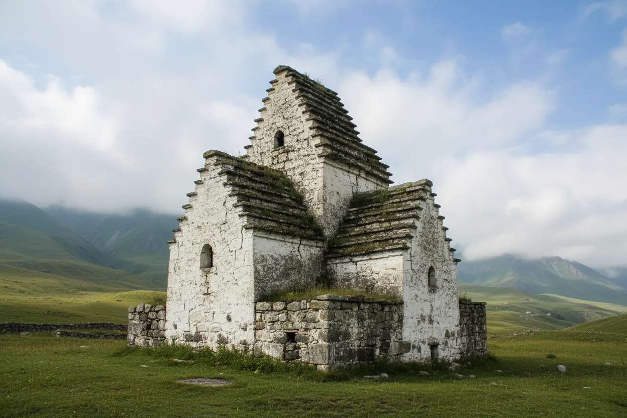 Panoramic view of the Dargavs 'City of the Dead' with numerous stone crypts resembling miniature houses clinging to a green mountain hillside under a clear sky.