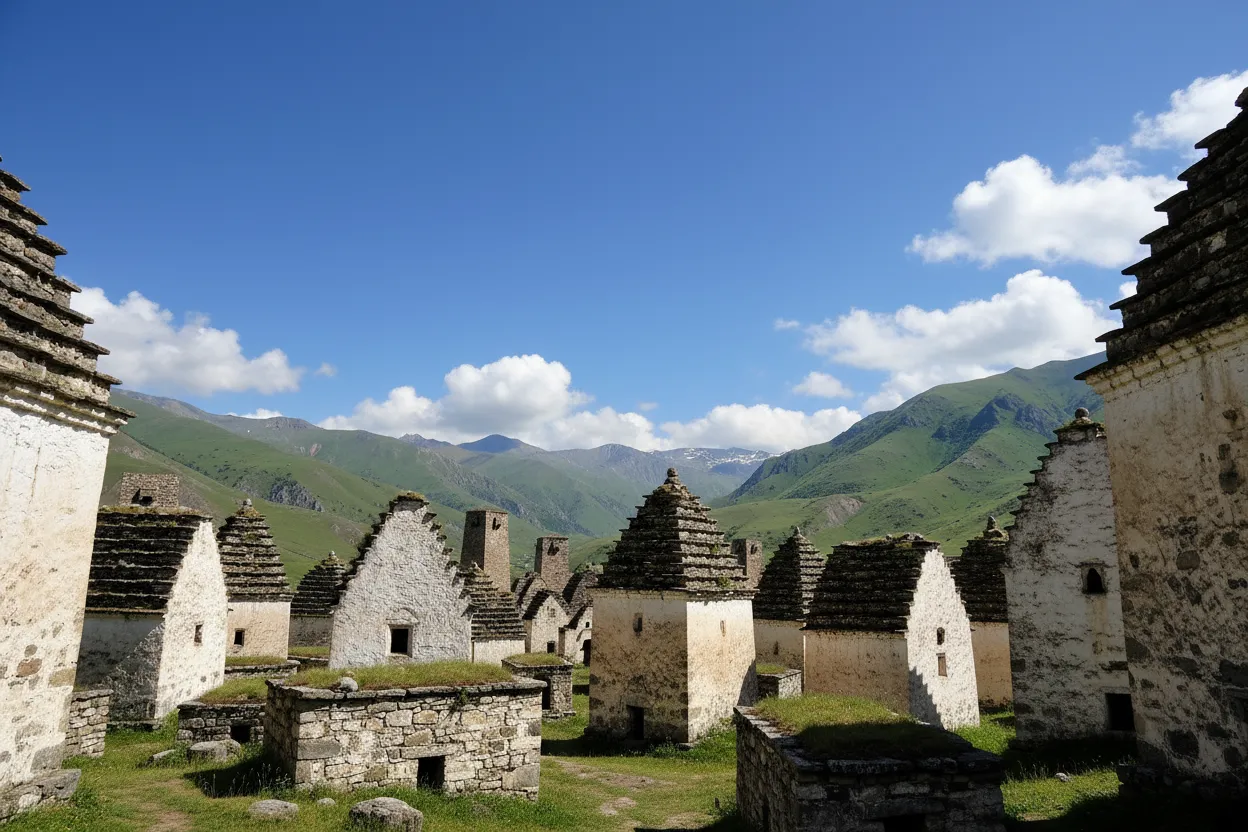 A close-up view of one of the Dargavs crypts, showing its stone construction, pitched roof, and small arched opening, with a glimpse of the mountainous landscape in the background.