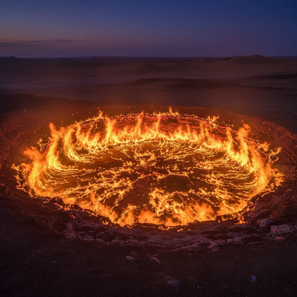 The Darvaza Gas Crater glowing intensely at night in the Karakum Desert