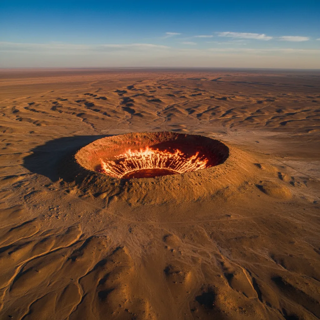 A person silhouetted against the glowing Darvaza Gas Crater under a starry night sky
