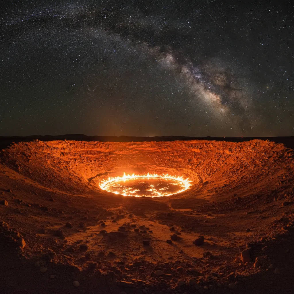 A group of people camping near the Darvaza Gas Crater under a clear, star-filled sky