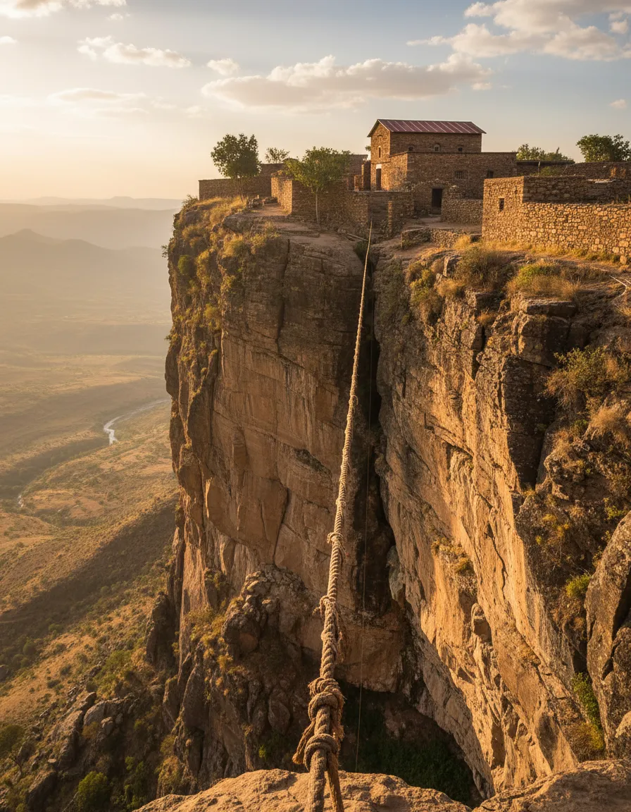Perched atop a flat-topped mountain, this ancient monastery is accessible only by scaling a sheer cliff face with a rope, and only men are permitted to make the perilous ascent.