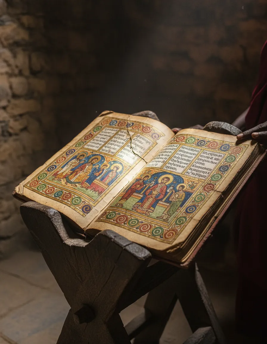 Interior of the main church at Debre Damo, showing ancient frescoes and intricately carved wooden ceilings.