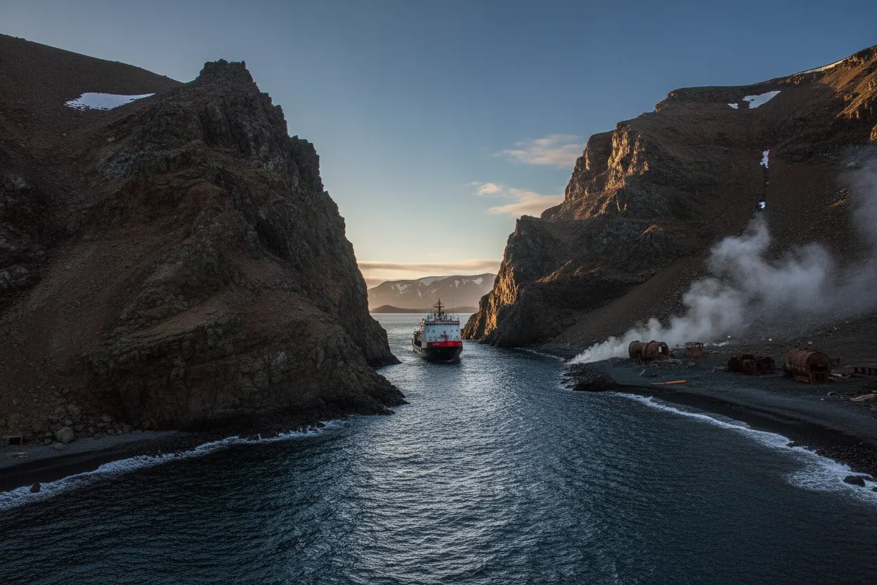 Expedition ship sailing through Neptune's Bellows into the caldera of Deception Island, Antarctica, with volcanic cliffs on either side.