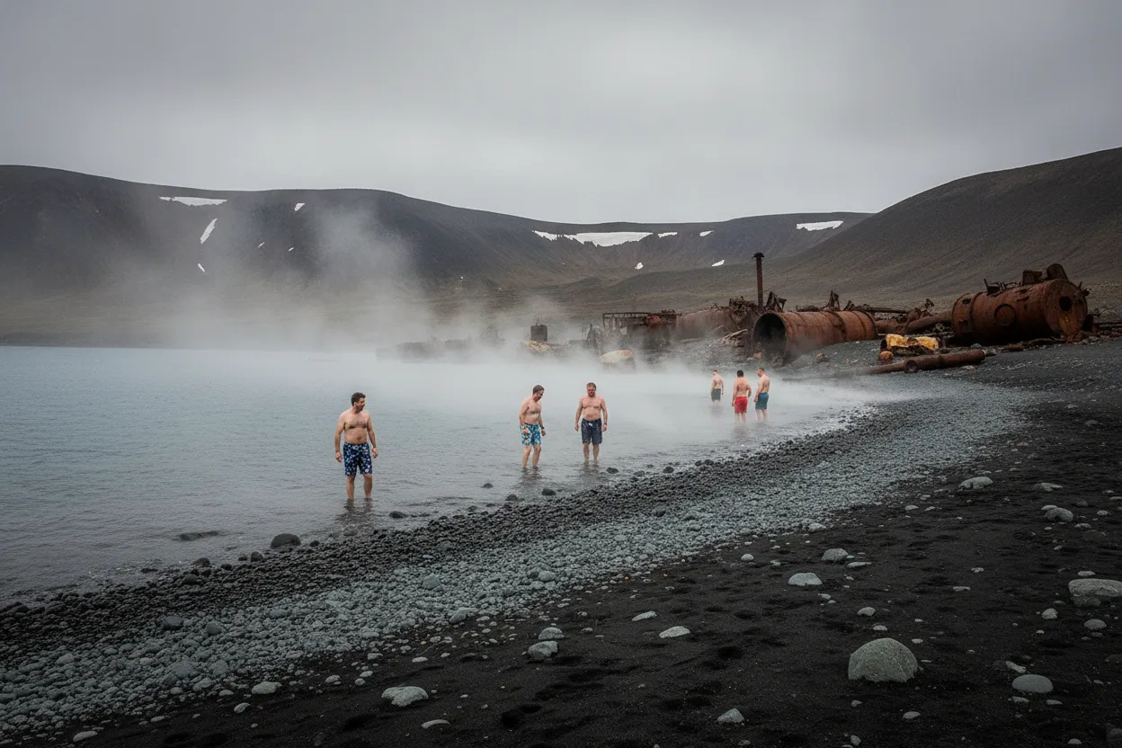 Rusting oil tanks and derelict buildings of the abandoned whaling station at Whalers Bay, Deception Island, with black volcanic sand and mountains in the background.