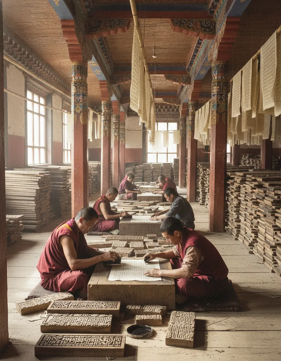 A monk at Dege Parkhang demonstrating the traditional woodblock printing process, inking a block.