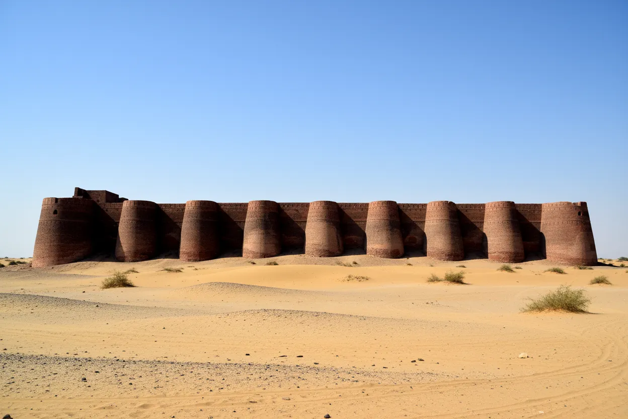 Panoramic view of Derawar Fort's imposing red brick walls and numerous bastions rising from the Cholistan Desert.