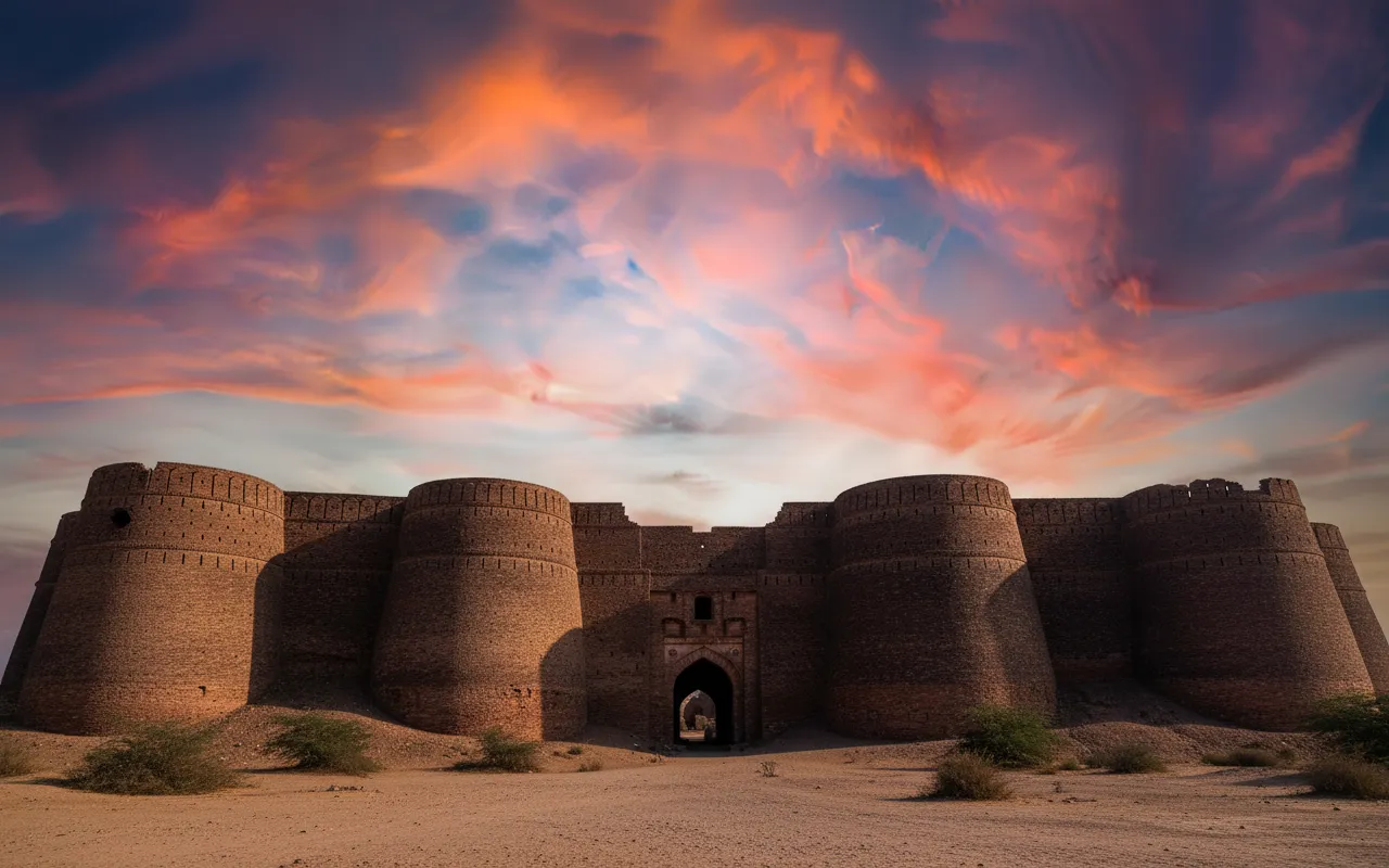 Close-up of Derawar Fort's dark red brick walls and a towering bastion, showing intricate details.