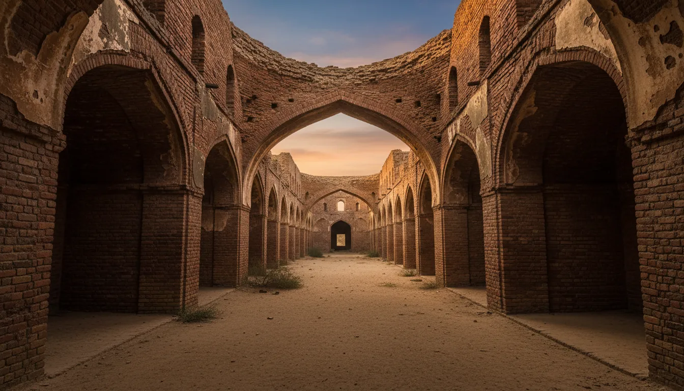 The elegant white marble Abbasi Mosque situated near the red brick Derawar Fort in the Cholistan Desert.