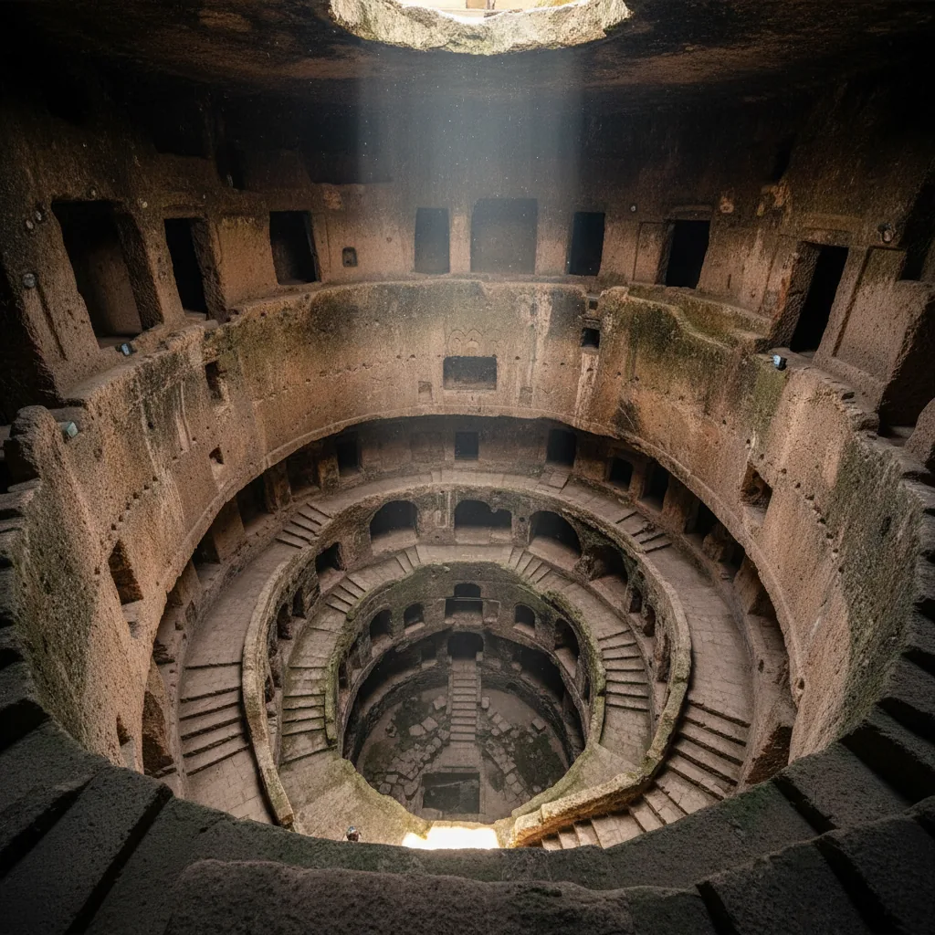 Inside Derinkuyu Underground City, showing a wide chamber with carved rock walls and a narrow archway leading to another section.