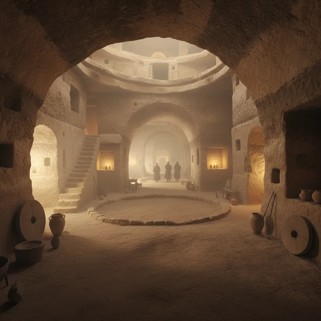 A carved church interior within Derinkuyu Underground City, showing a cruciform layout and ancient rock-cut details.