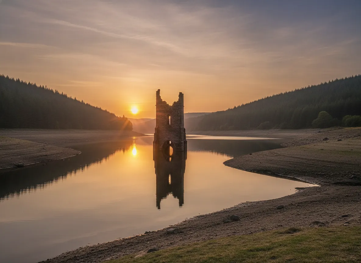 Beneath the serene waters of a modern reservoir lies an entire village, quietly sleeping for decades, only to eerily re-emerge from its watery grave during times of extreme drought.