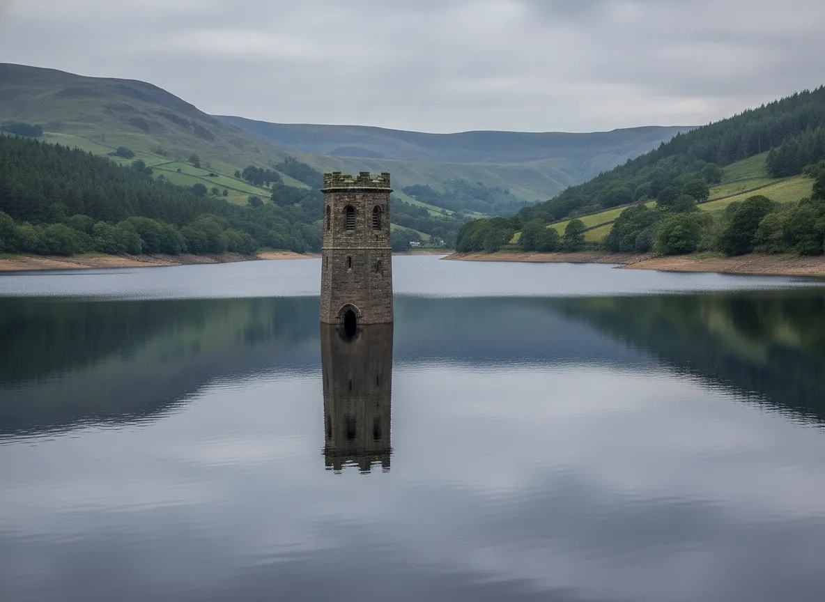 Eerie remains of Derwent village church tower emerging from Ladybower Reservoir during drought.