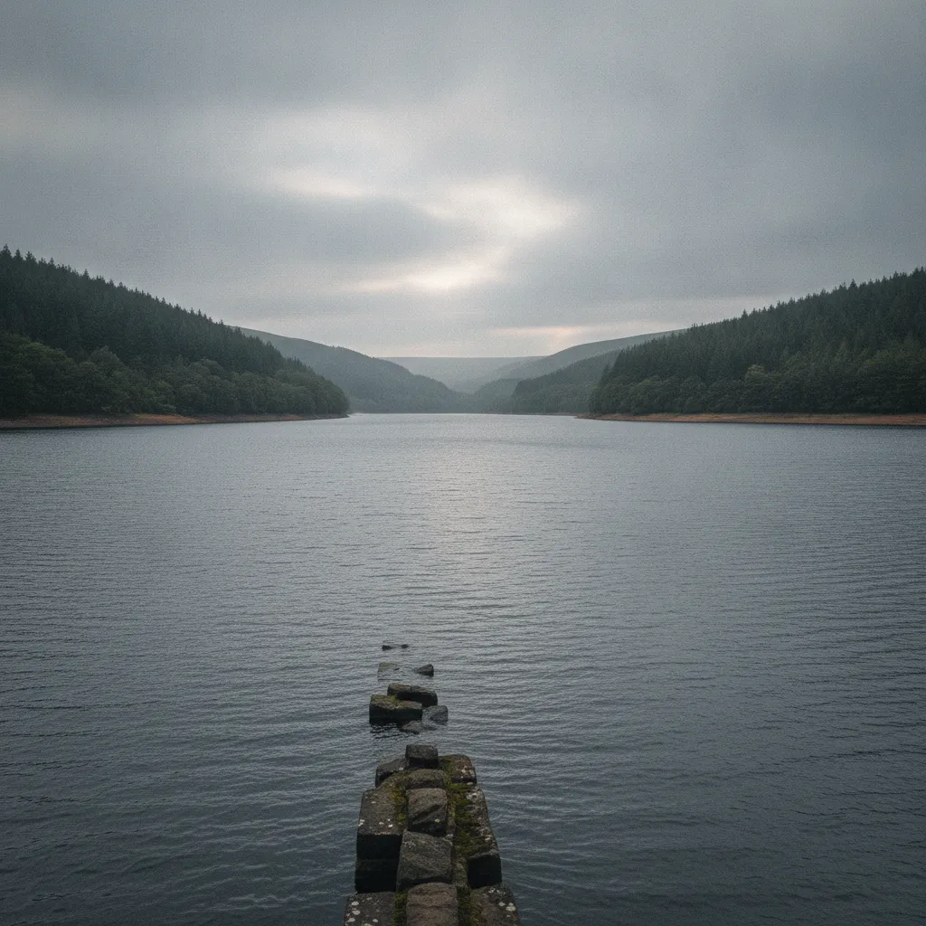 Visitors exploring the exposed foundations of Derwent village during low water levels at Ladybower.