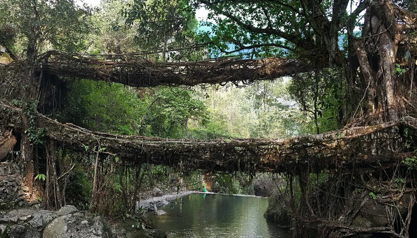 Close-up of the intricately woven living roots of the Double Decker Bridge