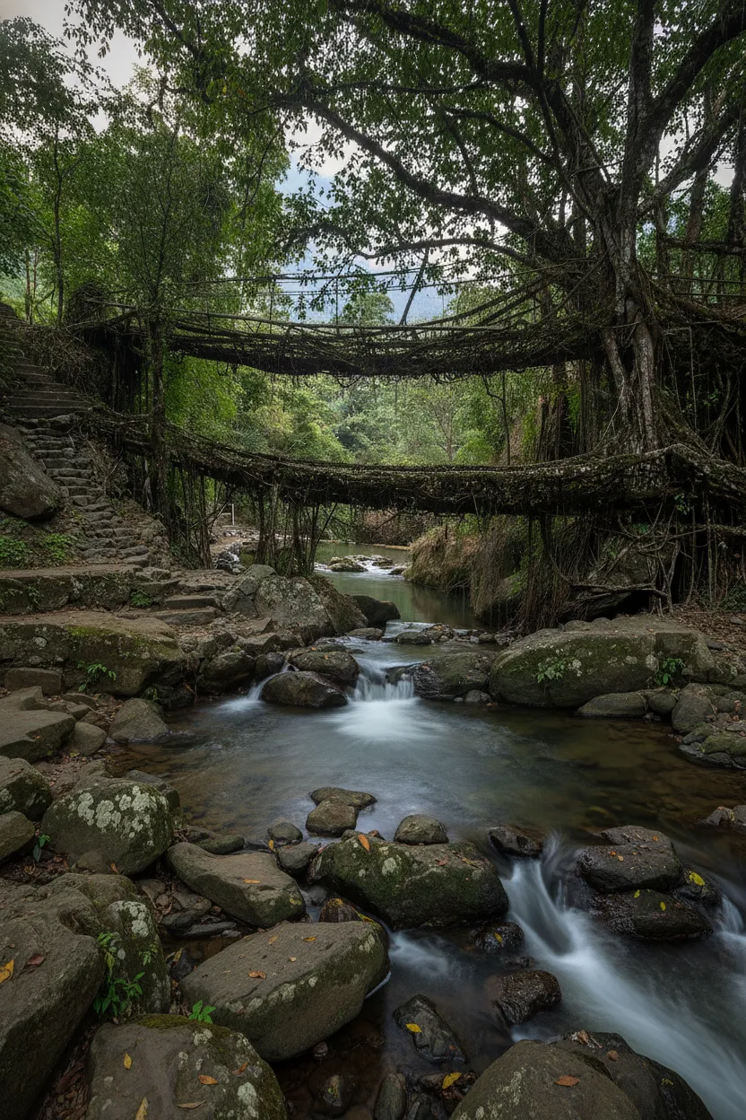 View of the Double Decker Living Root Bridge from below, showing its two tiers and surrounding jungle