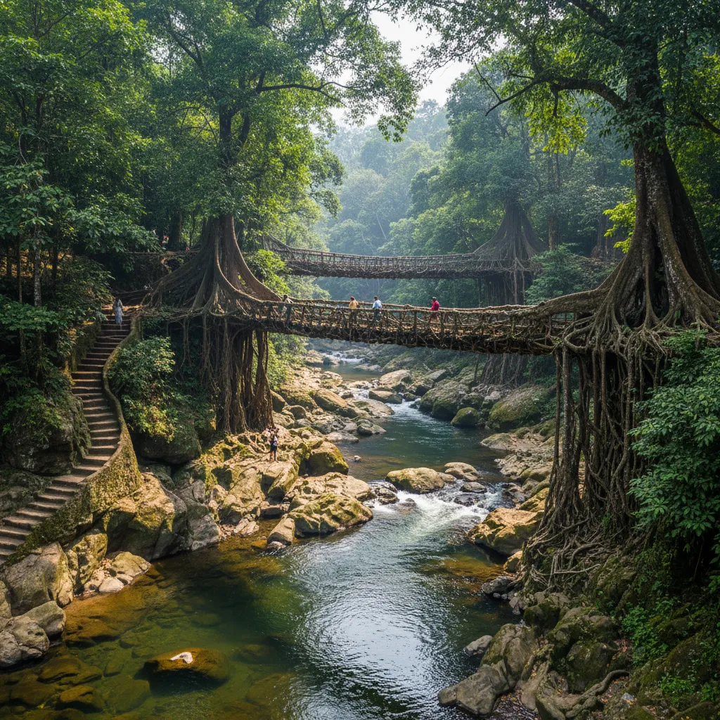 Traveler standing on the Double Decker Living Root Bridge, looking out at the lush jungle scenery