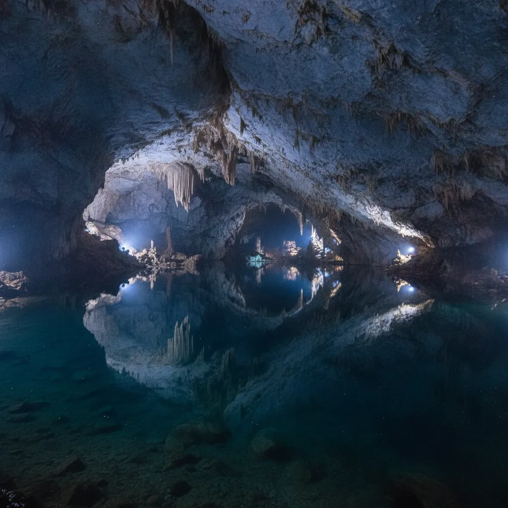 Diver exploring the vast, dark, crystal-clear waters of Dragon's Breath Cave in Namibia, with a powerful light illuminating the depths.